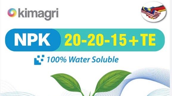 Kimagri NPK 20-20-15+TE water soluble fertiliser artwork, marked with the Malaysian and Vietnamese flags.